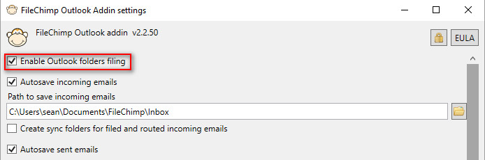 Enable filing emails to outlook folders and sub folders