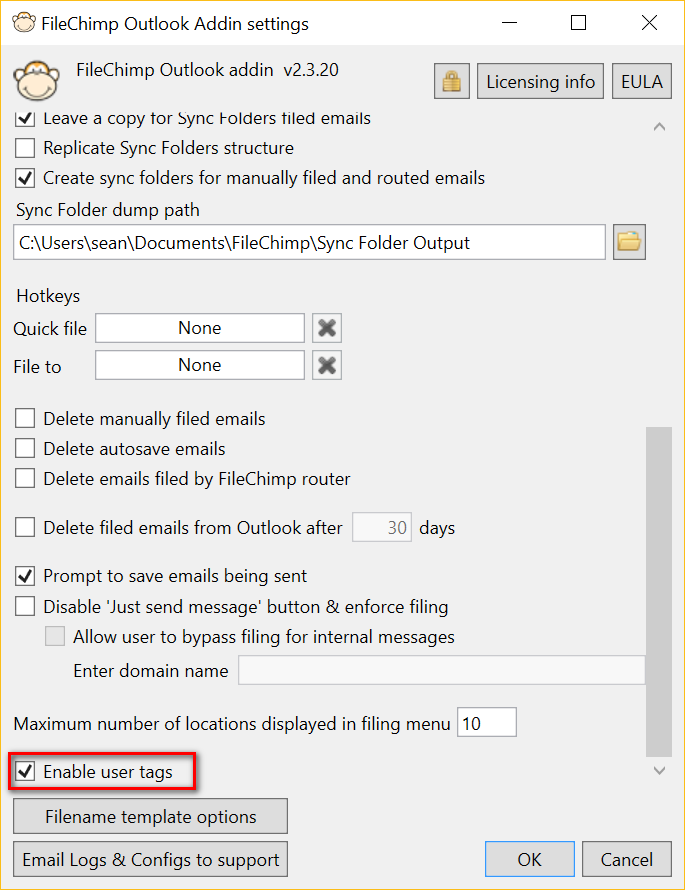 Enable user tags on saved emails